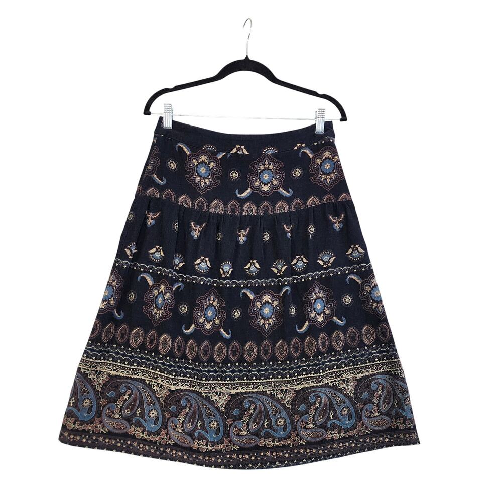 Bhs Womens Paisley Corduroy Tiered Skirt Size 8 Petite Black Print Bohemian Y2K